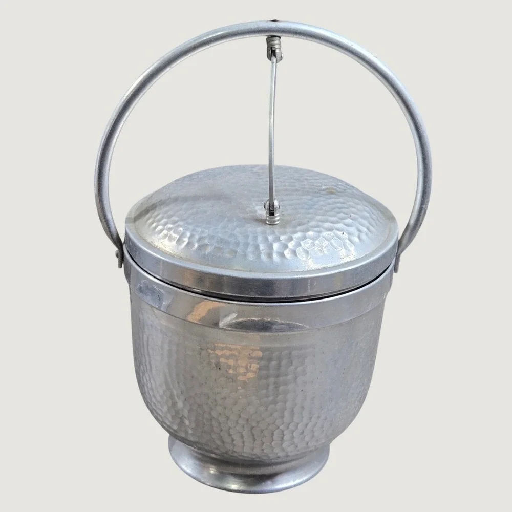 Vintage Mid Century Hammered Aluminum Lidded Ice Bucket with Handle Italy